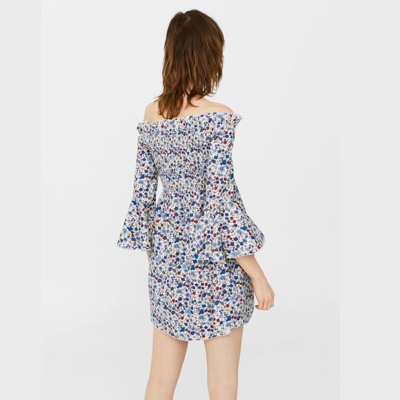 Mango Nest Ruched Detail Blur Red Floral Print Boho  Off-the-Shoulder Mini Dress - Picture 14 of 16